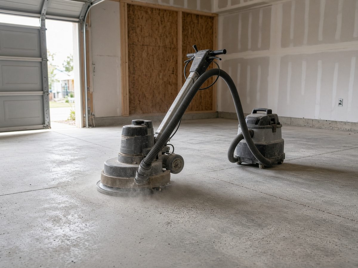 Example of diamond grinding a garage slab with dust extraction. Educational photo, not a branded crew shot.